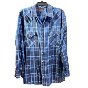 Plains Western Shirt Woven Plaid Blue Black 2X Big Man Pearl Snap Cowboy